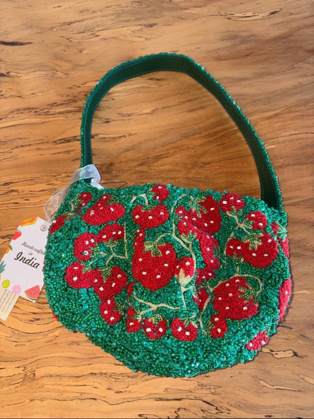 Viral Handcrafted Beaded Strawberry Shoulder Bag - Green & Red